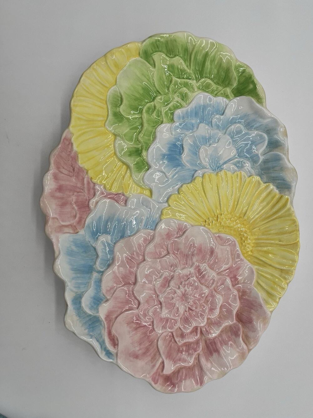 Fresh Large Ceramic Floral Platter | Pastel Botanical Serving Tray | Embossed
